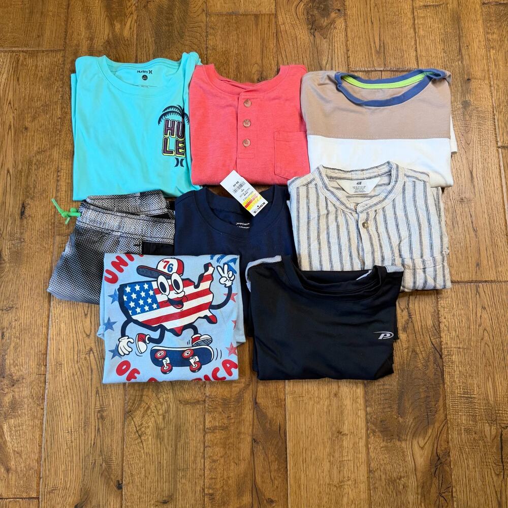 Lot of 8 Boys Summer Athletic Clothing Size 7 Hurley, Shorts, T Shirts, H&M